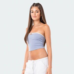 Edikted Strapless Belt Blue White Colby Tube Crop Top Y2K Bodycon Mini XS